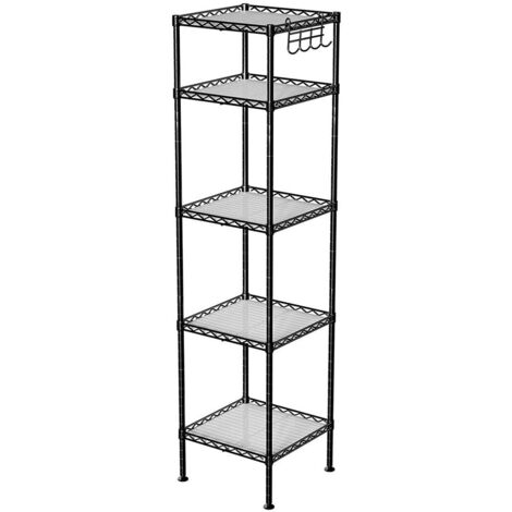 Estantería de baño de 5 niveles robusta estantería de esquina de metal capacidad de carga de 100 kg con 5 estantes de plástico ganchos extraíbles 30 x 30 x 1235 cm extensible color negro 120005803