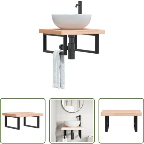 Estantería de baño -  Estante de lavabo de pared de acero y madera maciza de haya