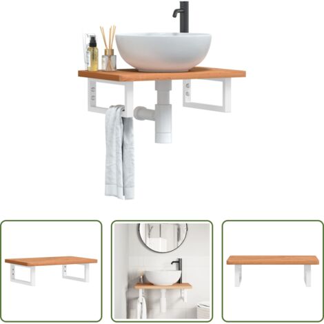 Estantería de baño -  Estante de lavabo de pared de acero y madera maciza de haya