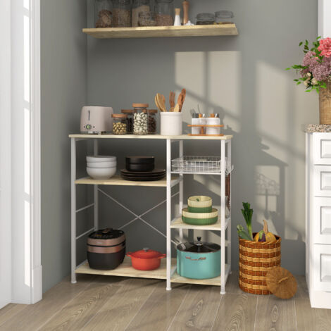 Estantería de Cocina con 1 Cesta 4 Ganchos en S 6 Almohadillas de Pie Ajustables y Estantes 90x40x84,5 cm Roble y Blanco