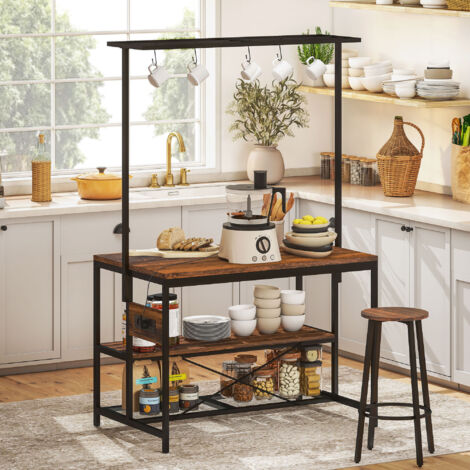 Estantería de Cocina con Puertos USB Tomas de Corriente y Almacenaje con Baldas Ganchos y Encimera Amplia 116x70x182 cm