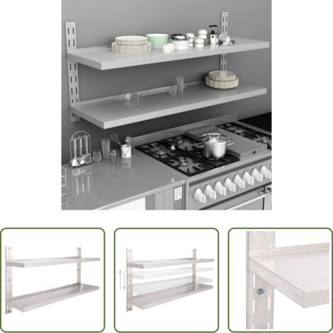 Estantería de cocina -  Estantería pared flotante 2 niveles acero inoxidable 150x30 cm