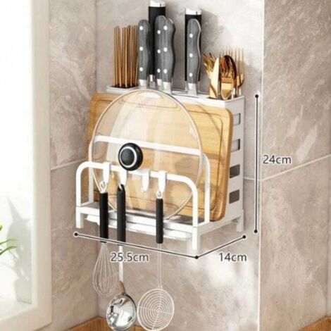 Estantería de cocina mural multiusos para cuchillos, utensilios y tablas de cortar, 25,5 x 14 x 24 cm - Blanco (para colgar o colocar sobre la encimera)