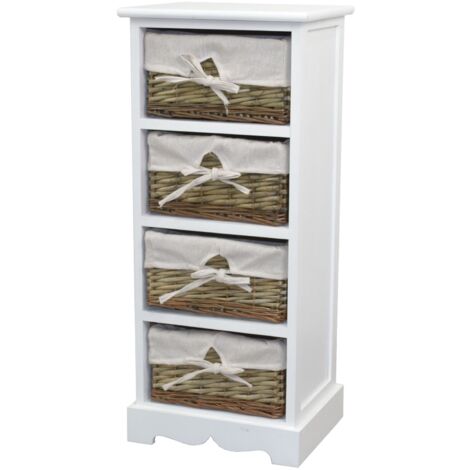 Estantería de diseño vintage en MDF blanco con 4 cestas en sauce blanco/natural MED05170