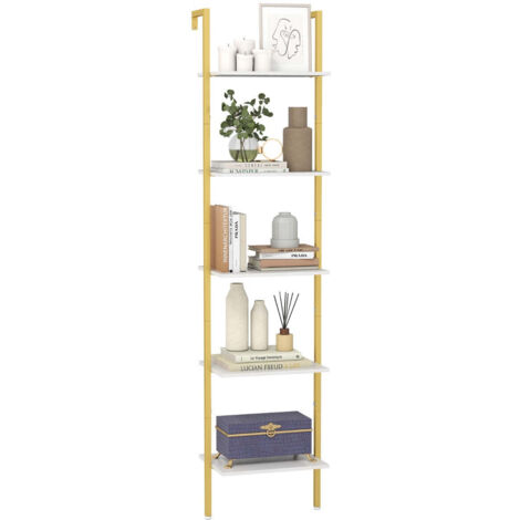 Estantería de escalera de pared 43 x 30 x 178 cm diseño compacto con 5 estantes y kit antivuelco metal blanco 200014814