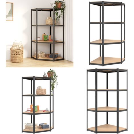 Estantería de esquina 4 niveles madera y acero gris antracita - Almacenamiento - Estantería de madera