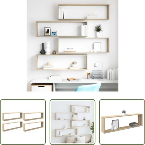 Estantería de madera -  Estantes cubo pared 4uds contrachapado roble Sonoma 100x15x30cm