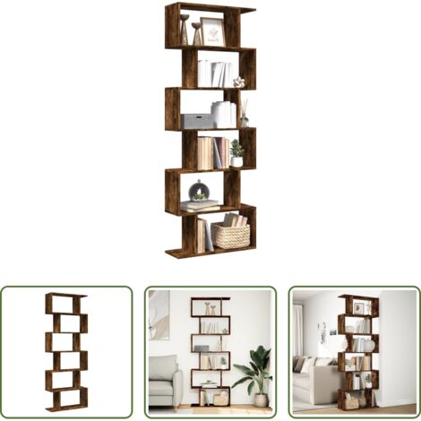 Estantería de madera -  Librería divisora 6 niveles madera roble ahumado 70x24x193 cm