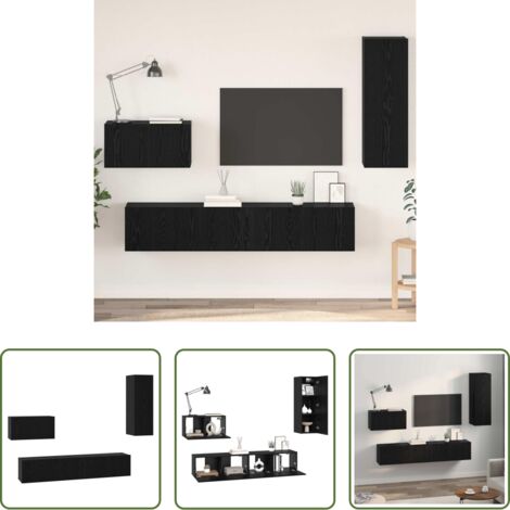 Estantería de madera -  Mueble de TV de Pared 4 pcs Roble Negro Madera contrachapada