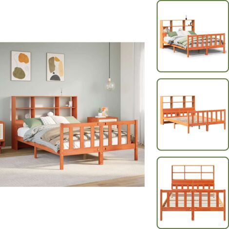 Estantería de madera - vidaXL Cama con estantería sin colchón madera maciza marrón 150x200 cm - Cama de pino