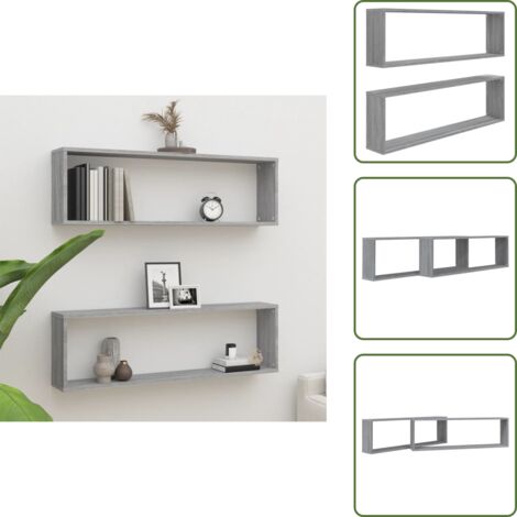 Estantería de madera - vidaXL Estante cubo pared 2 uds contrachapada gris Sonoma 100x15x30 cm - Estantería para libros