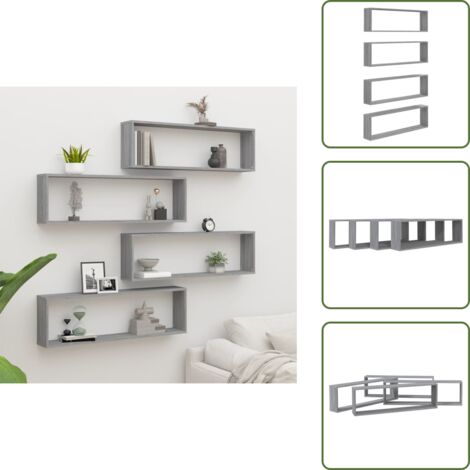 Estantería de madera - vidaXL Estante cubo pared 4 uds contrachapada gris Sonoma 100x15x30 cm - Estantería de pared gris