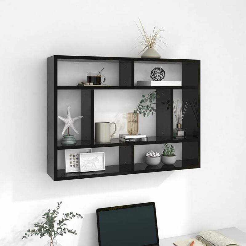 

Estantería de pared aglomerado negro brillante 75x16x55 cm