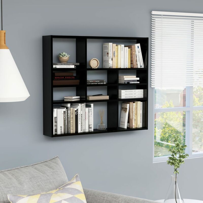 

Estantería de pared aglomerado negro brillante 90x16x78 cm