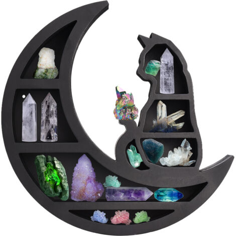 Estantería de pared de madera gris con motivo de gato sobre la luna para cristales.