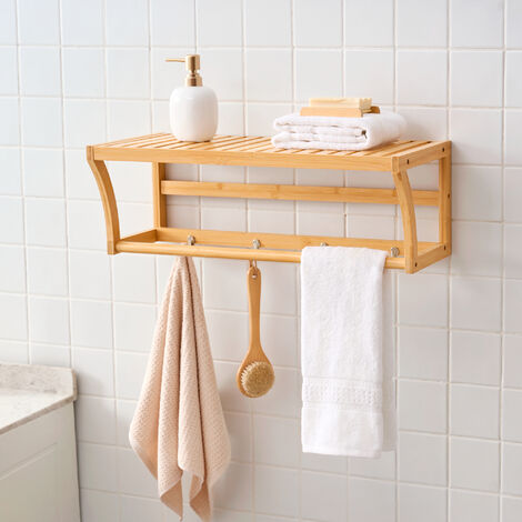 Estantería de pared Langeland con toallero y 4 ganchos bambú 21 x 60 x 26 cm - Natural [en.casa]