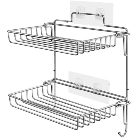 Estantería de pared plegable de dos niveles, de acero inoxidable, ideal para cocina y baño, con gran capacidad de carga (28 cm x 24 cm) y adhesivo invisible.