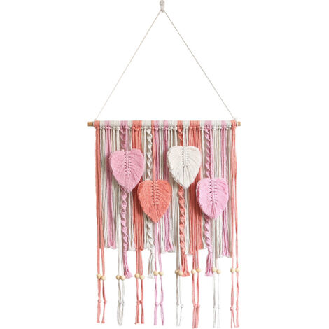 Estantería de pared tejida a mano con cuerda de algodón, flecos y hojas, ideal para guardar libros y decorar una biblioteca (rosa).