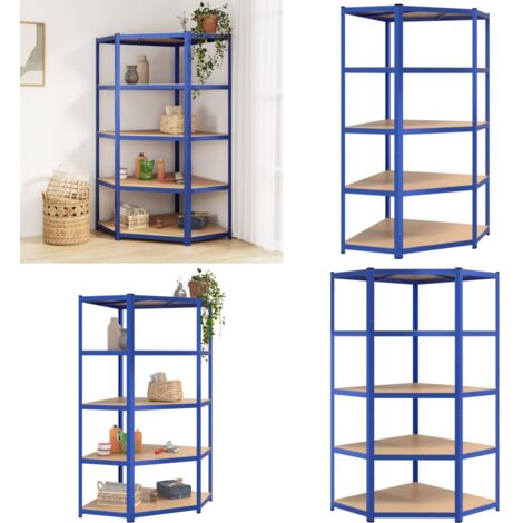 Estantería esquina 5 niveles madera contrachapada y acero azul - Almacenamiento - Estantería de madera