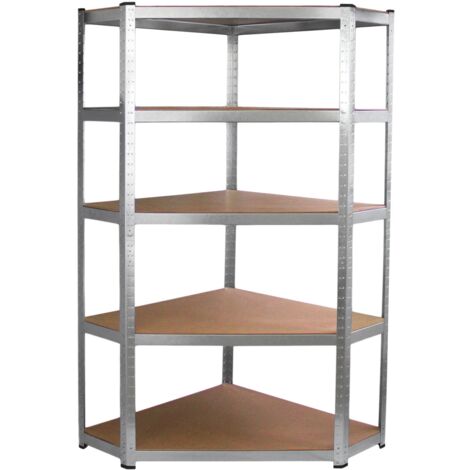 Estantería Esquinera Rinconera Gris de Acero 90 (Ancho) x180 (Alto) x45cm(Profundidad)  Capacidad de Peso 175kg x Estante  Sin Tornillos  con Protectores de Pies  5 Estantes  Sólidas tablas MDF