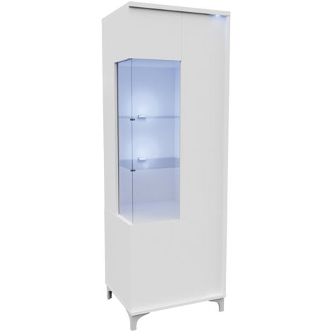 Estantería Florem I, Blanco + Blanco brillante, Cerrable, Con puertas, Aglomerado laminado, Vidrio, Número de puertas: 2, Número de cajones: 0, 198x52x40cm, LED