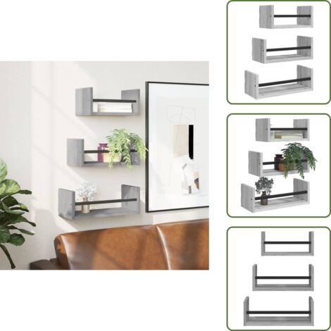 Estantería flotante - vidaXL Estantes pared con barras 3 pzas madera ingeniería gris Sonoma - Estantería gris Sonoma