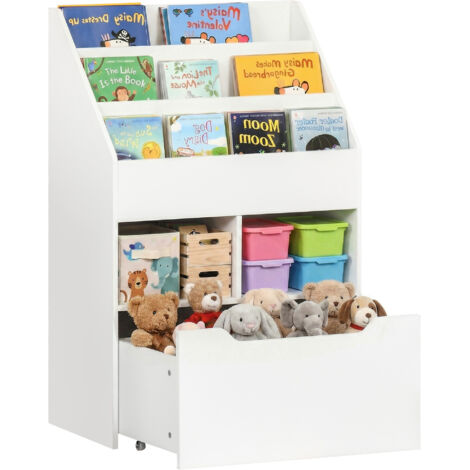 Estantería Infantil con 3 Compartimentos 2 Cubos y Cajón Móvil con 4 Ruedas 60x29,9x90 cm Blanco