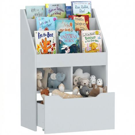 Estantería Infantil  con 3 Compartimentos 2 Cubos y Cajón Móvil con 4 Ruedas 60x29,9x90 cm Gris