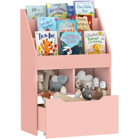 Estantería Infantil con 3 Compartimentos 2 Cubos y Cajón Móvil con 4 Ruedas 60x29,9x90 cm Rosa