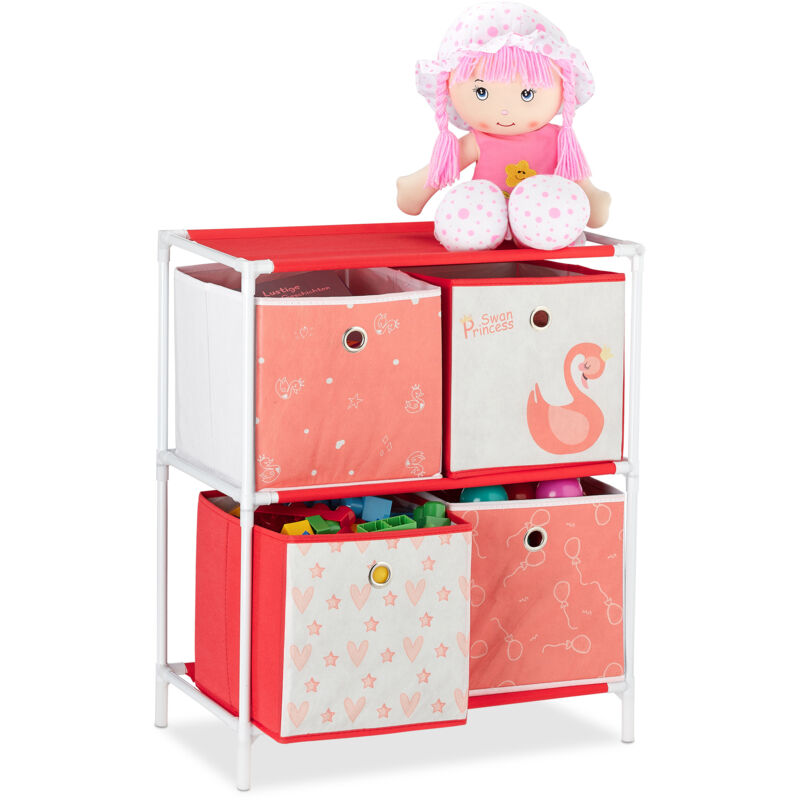 

Estantería infantil con cuatro cajas, Organizador de juguetes, Cisnes, Blanco & Rojo, 62x53x30 cm