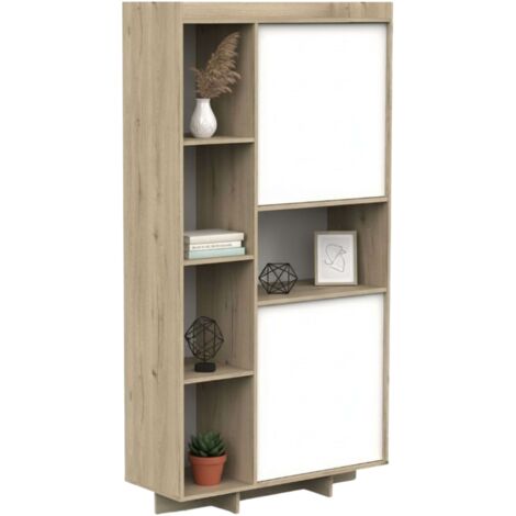Estantería Lead 2 Puertas 7 Estantes 1 Hueco Central Roble Artisan y Blanco Melamina Moderna y Funcional 86 cm