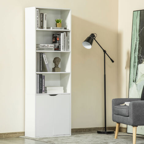 Estantería Librería Armario de Libros con 4 Compartimentos Abiertos y 2 Puertas para Salón Oficina 59x29x180 cm Blanco