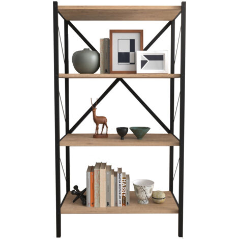 Estantería Librería  metálica. Estilo industrial. con 4 estantes  melamina color roble Safir. Estructura metálica negra. (Alto 121 cm/Ancho 66 cm/Fondo 34 cm).