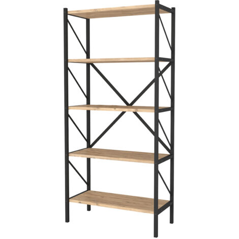 Estantería librería metálica. Estilo industrial. Con 5 estantes melamina roble Safir. Estructura metálica negra. (Alto 160 cm/Ancho 66 cm/Fondo 34 cm)