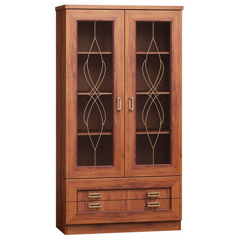 Estantería Lircava 107, Roble envejecido, Con puertas, Cerrable, Con cajones, Vidrio, Aglomerado laminado, Número de puertas: 0, Número de cajones: 0, 191x90x40cm
