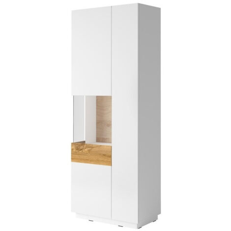 Estantería Livlore 100, Blanco + Blanco brillante + Roble wotan, Cerrable, Con puertas, Aglomerado laminado, Vidrio, Número de puertas: 2, Número de cajones: 0, 207x80x40cm