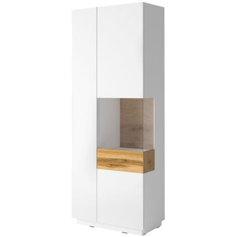 Estantería Livlore 100, Blanco + Blanco brillante + Roble wotan, Con puertas, Cerrable, Vidrio, Aglomerado laminado, Número de puertas: 2, Número de cajones: 0, 207x80x40cm