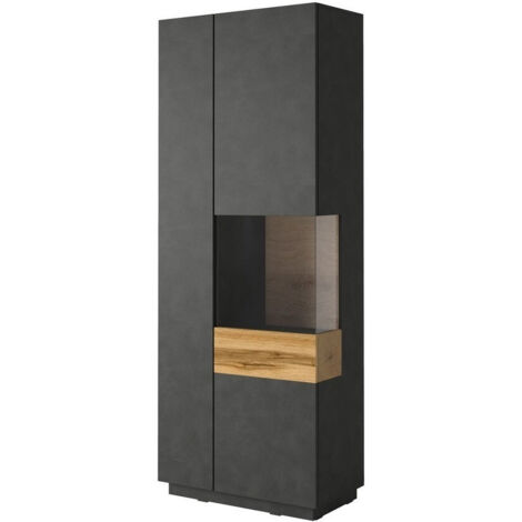 Estantería Livlore 100, Madera gris + Roble wotan, Con puertas, Cerrable, Vidrio, Aglomerado laminado, Número de puertas: 2, Número de cajones: 0, 207x80x40cm