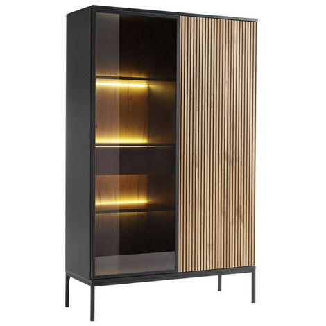 Estantería Manal, Negro + Roble wotan, Con puertas, Cerrable, Vidrio, Aglomerado laminado, Número de puertas: 0, Número de cajones: 0, 166x104x39cm, LED