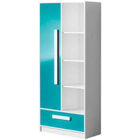 Estantería Merevari 104, Blanco + Brillo Turquesa, Con cajones, Con puertas, Aglomerado laminado, Número de puertas: 1, Número de cajones: 1, 191x80x40cm