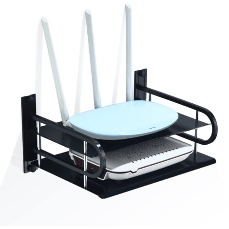 Estantería metálica de pared para equipos audiovisuales, estantes flotantes para router, módem, decodificador de TV, reproductores multimedia, decodificador Sky, consola de videojuegos (2 niveles, peq