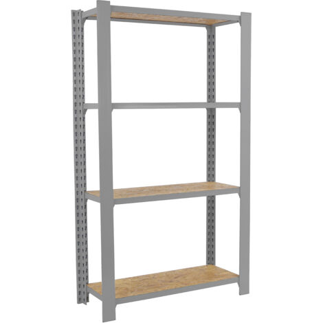 Estantería metálica sin tornillos OFFICLICK de 4 estantes (150x80x30cm) GRIS Y OSB