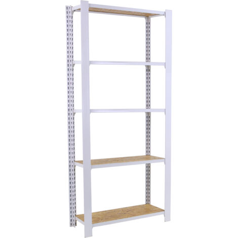 Estantería metálica sin tornillos OFFICLICK de 5 estantes (210x80x30cm) BLANCO Y OSB