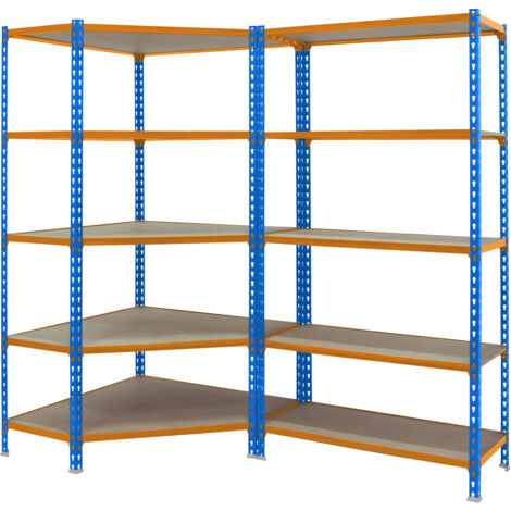 Estantería metálica sin tornillos SIMONCLICK de 5 estantes (180x180x50cm) AZUL-NARANJA Y MADERA