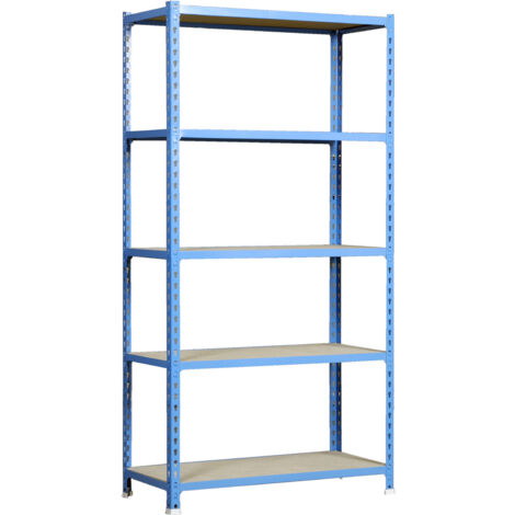 Estantería metálica sin tornillos SIMONCLICK de 5 estantes (200x120x40cm) AZUL Y MADERA