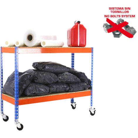 Estantería metálica sin tornillos SIMONRACK de 2 estantes (97,5x150x45cm) AZUL-NARANJA Y MADERA