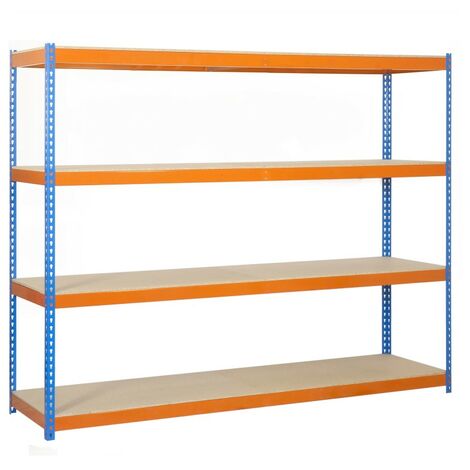 Estantería metálica sin tornillos SIMONRACK de 4 estantes (200x150x60cm) AZUL-NARANJA Y MADERA