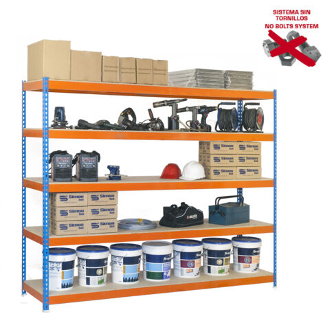 Estantería metálica sin tornillos SIMONRACK de 5 estantes (200x240x60cm) AZUL-NARANJA Y MADERA
