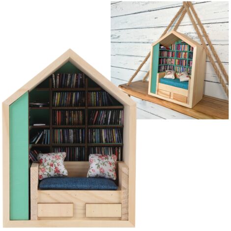 Estantería miniatura de madera con forma de casa y accesorios de escritorio – Estantería decorativa hecha a mano con mini libros y cojines – Conjunto creativo para relajarse – Densidad de la madera: 7