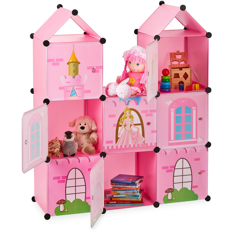 

Relaxdays - Estantería modular infantil, Castillo de princesas, Plástico, Armario con puertas, 128 x 110 x 37 cm, Rosa